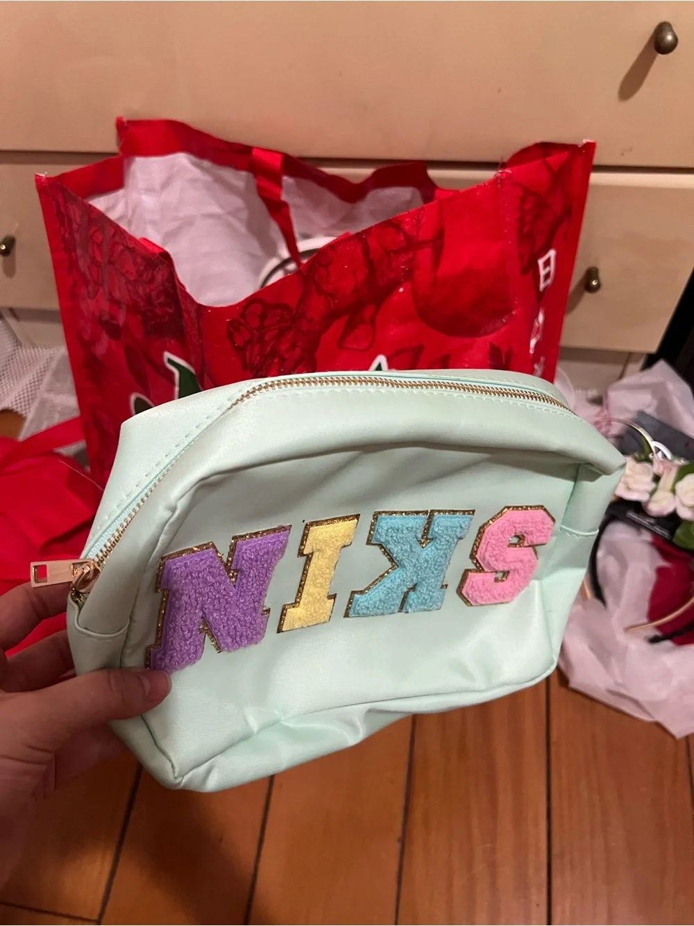 Pink 'SELF CARE' Cosmetic Pouch & Mint 'SKIN' Bag Duo